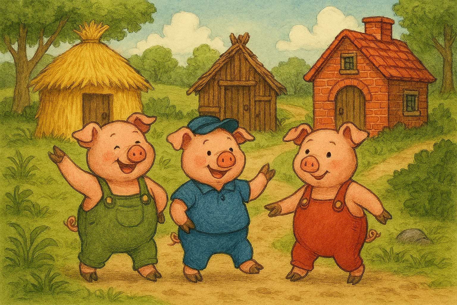 Three little pigs and their houses